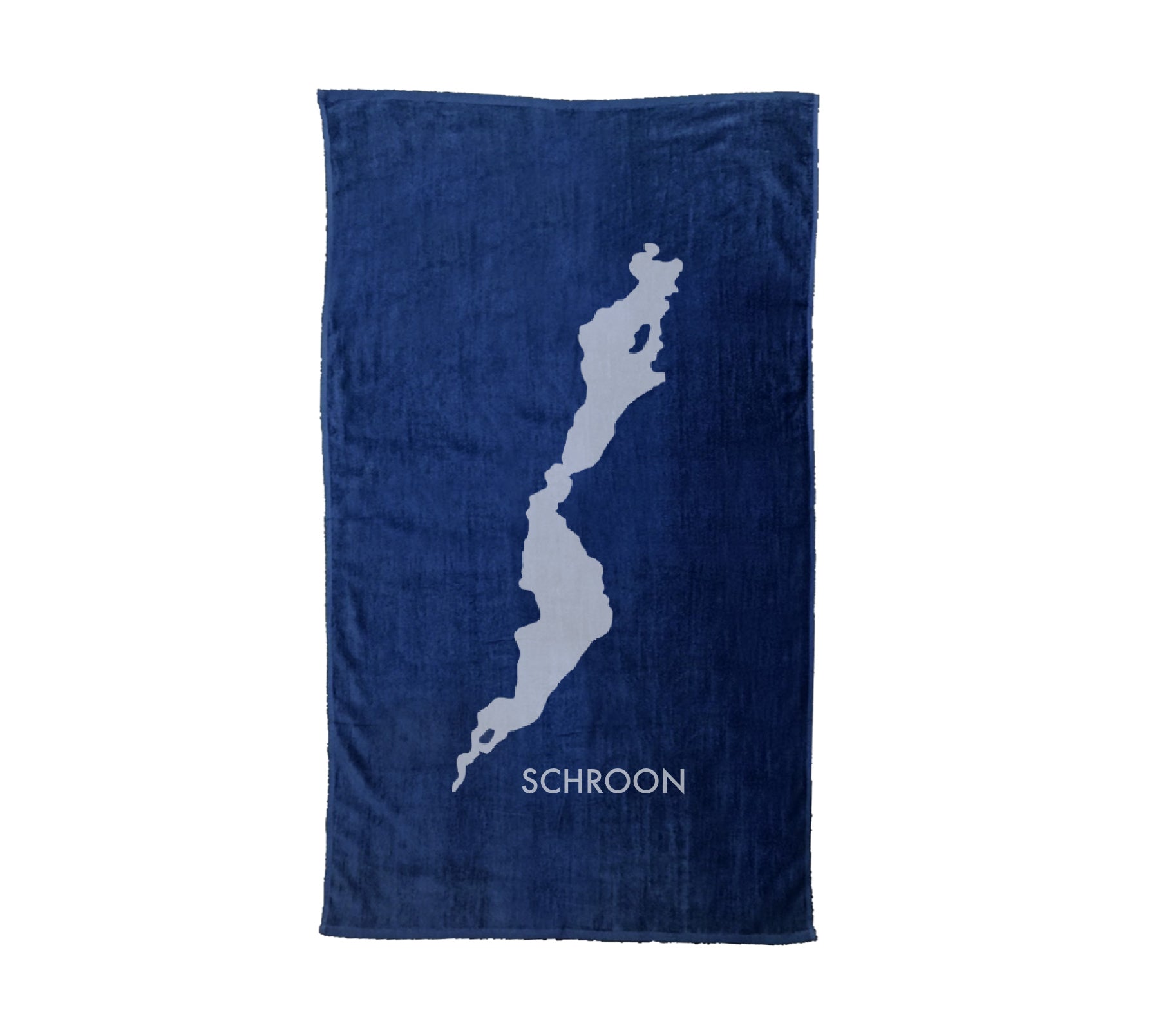 navy blue cotton terry velour beach towel with super soft faded white screen print of Schroon Lake and SCHROON in the lower right corner